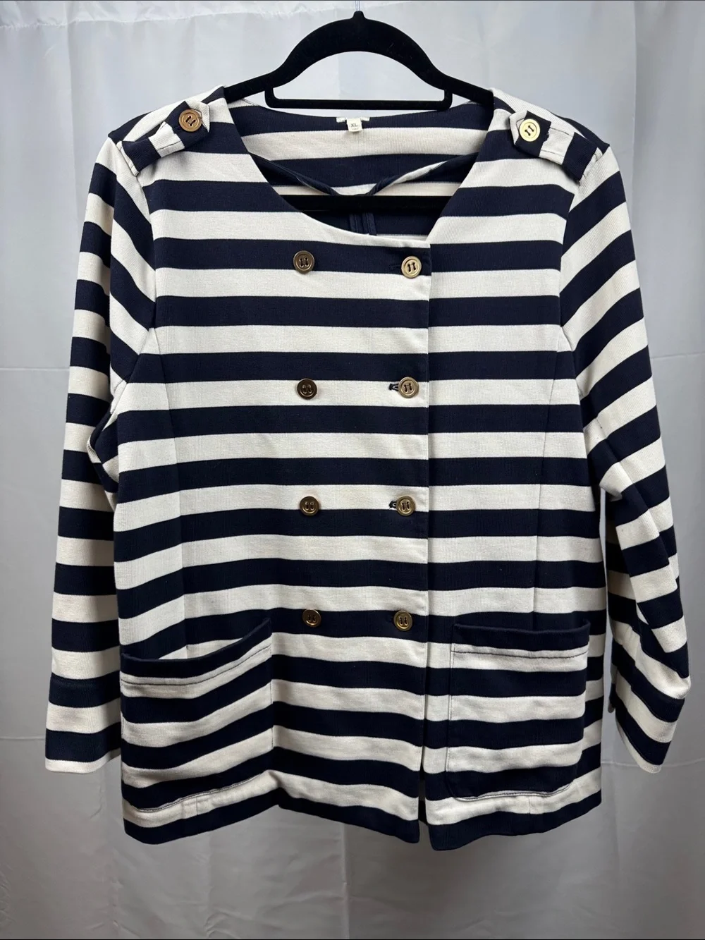 J.Crew Navy White Stripe Gold Button Cardigan Sweater XL